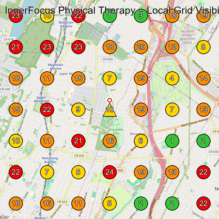 InnerFocus Physical Therapy Physical Therapist GeoGrid ranking map for Bloomfield NJ